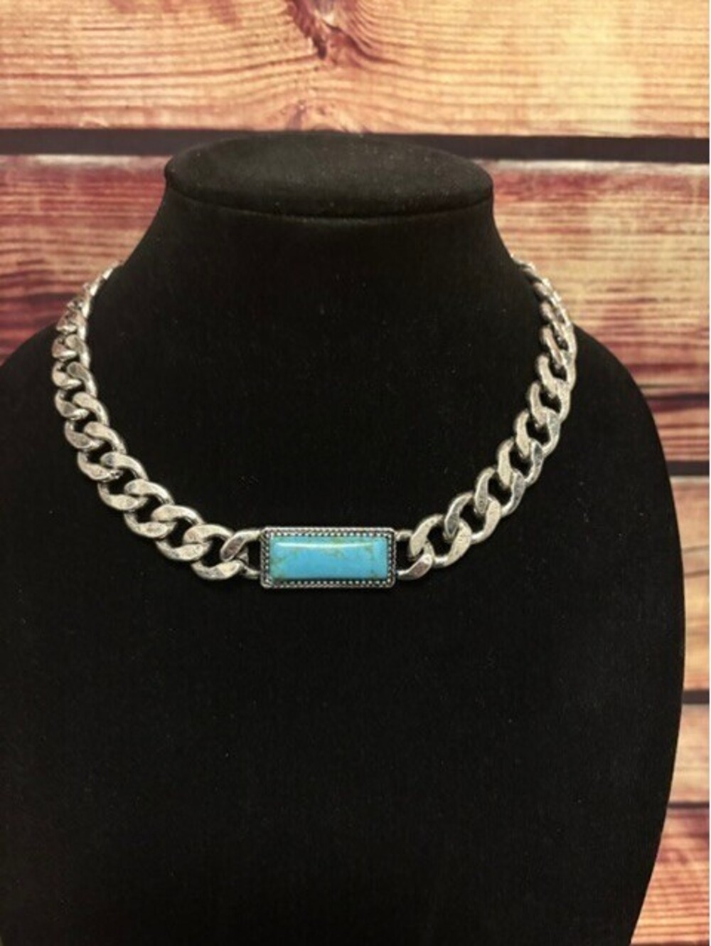 Turquoise Semi Stone Bar Pendant Chunky Silver Chain Necklace NWT